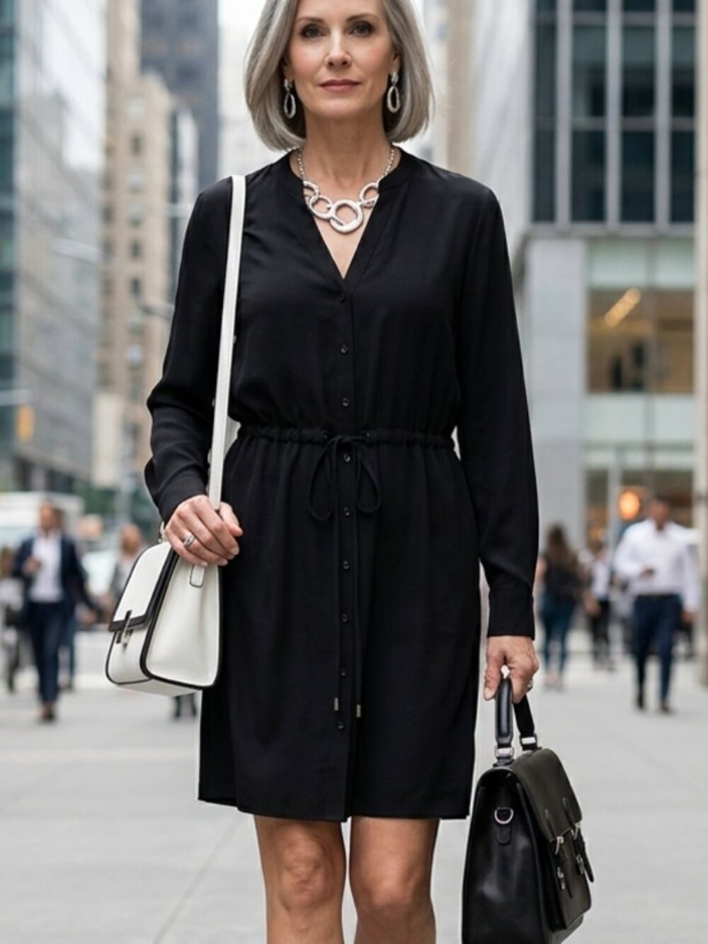 Eileen Fisher Curan black crepe drawstring waist button down dress S-M
